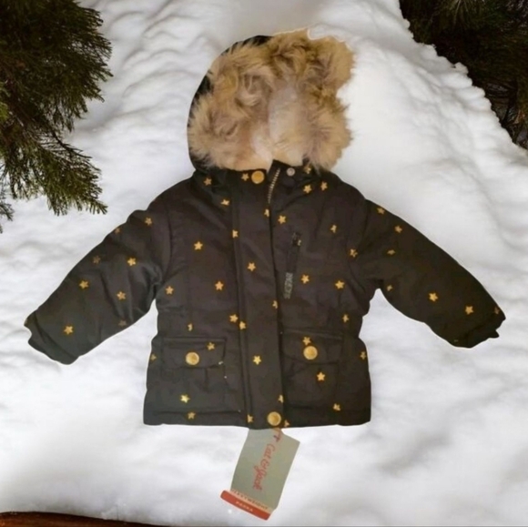 Cat & Jack Girls Black Gold Stars Hooded Snow Winter Parka Lined Jacket 12m New - Picture 3 of 9